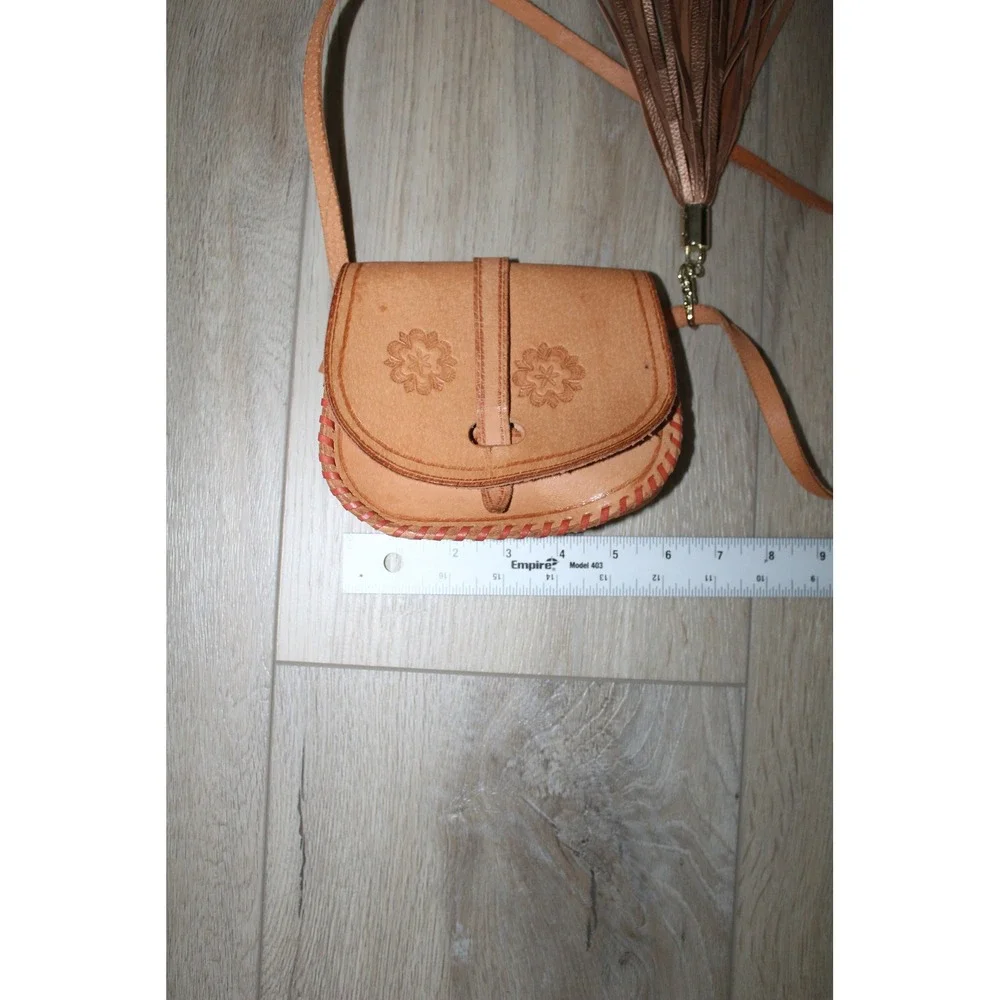 Kids Tan Tooled Leather Floral Crossbody Saddle Bag with Tassel and Whipstitch
